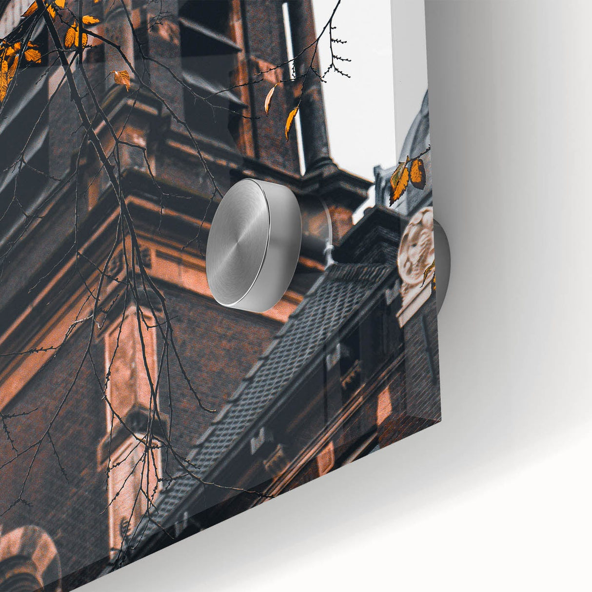 Large abstract wall art featuring mid-century modernist autumnal hues on acrylic glass, ideal for dining room decor.