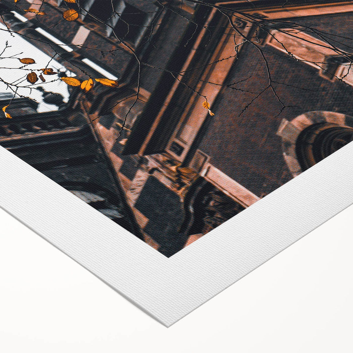 Art deco poster featuring a stylized autumnal scene in warm orange and brown tones on a rolled canvas.