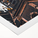 Art deco poster featuring a stylized autumnal scene in warm orange and brown tones on a rolled canvas.