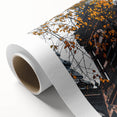 Art Deco poster of an autumn landscape on rolled canvas, featuring warm orange and brown tones, ideal for nursery wall art.