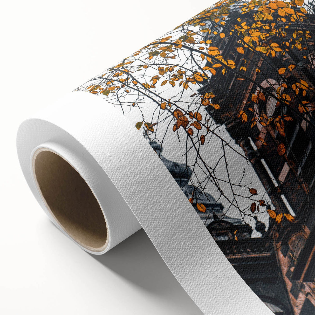 Art Deco poster of an autumn landscape on rolled canvas, featuring warm orange and brown tones, ideal for nursery wall art.