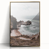 Large art print of a mid-century modernist summer scene in vibrant colors on a gold-framed acrylic.