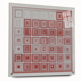 Abstract geometric acrylic glass artwork showcasing vibrant colors and dynamic shapes, presented in a side view with decorative pins, ideal for modern home decor.