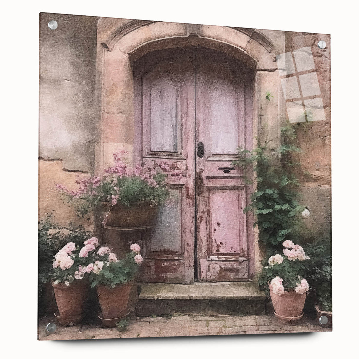 Acrylic glass print of a large abstract design featuring a French door, ideal for dining room or bedroom decor.