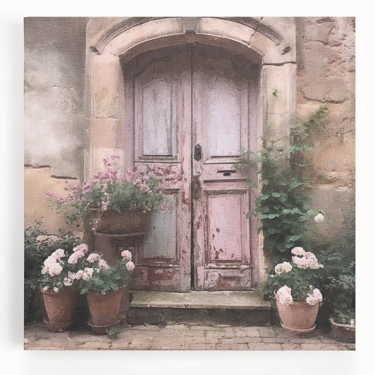 Black and white photograph of a French door architecture on stretched canvas, suitable for kitchen wall art.