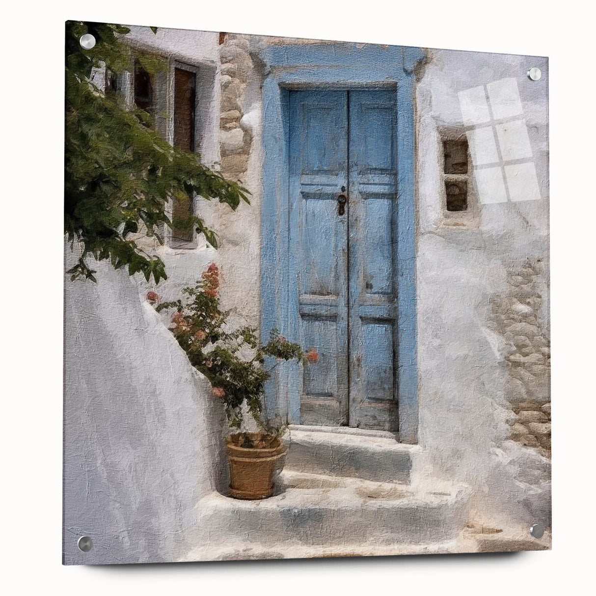 Acrylic print of a Greek door design in earth tones, suitable for bedroom or dining room decor.