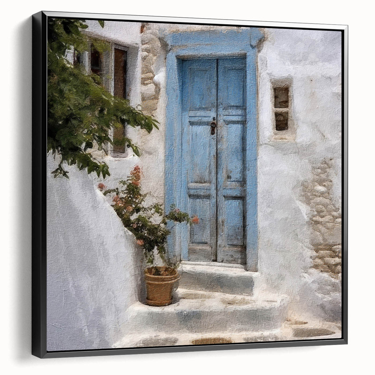 Black and white wall art of a Greek door architecture on framed canvas, suitable for bedroom decor.