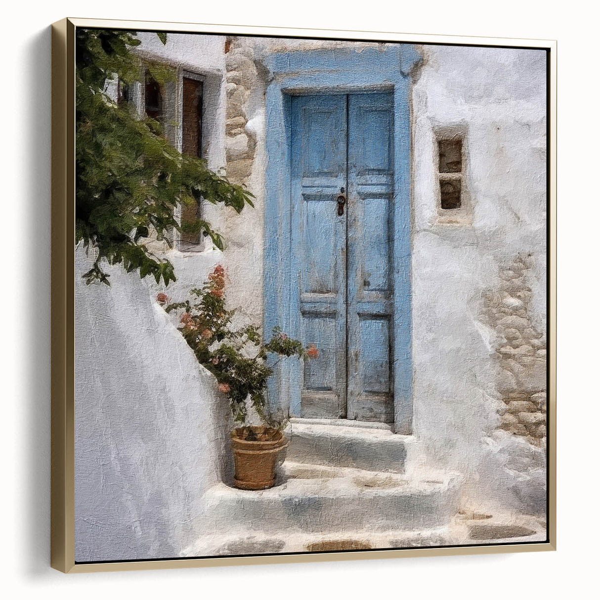 Framed canvas featuring a vintage poster of a Greek door architecture in silver and gold tones, suited for bedroom wall art.