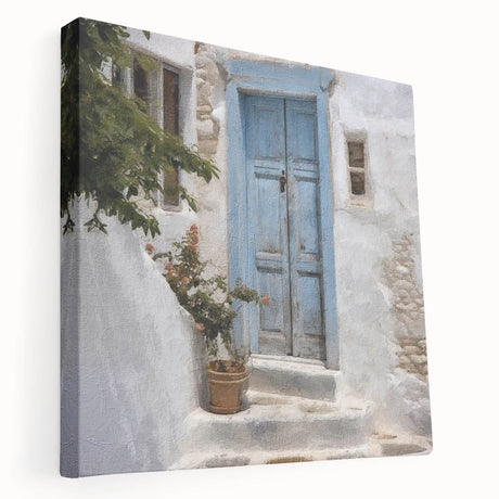 Side view of a large stretched canvas featuring a Greek door design in neutral tones, suitable for kitchen wall art.