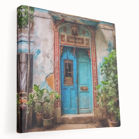 Side view of a large canvas featuring a detailed Indian architecture door design in earth tones, ideal for kitchen wall art.
