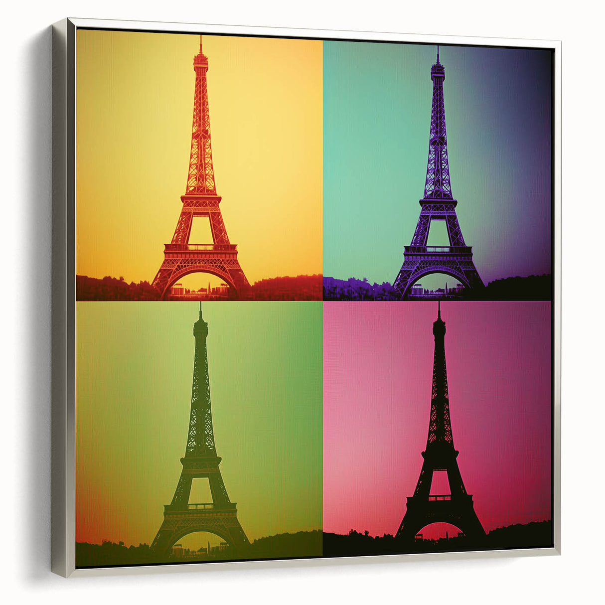 Landscape art painting on framed canvas featuring a vintage poster design with colorful elements against a black background.