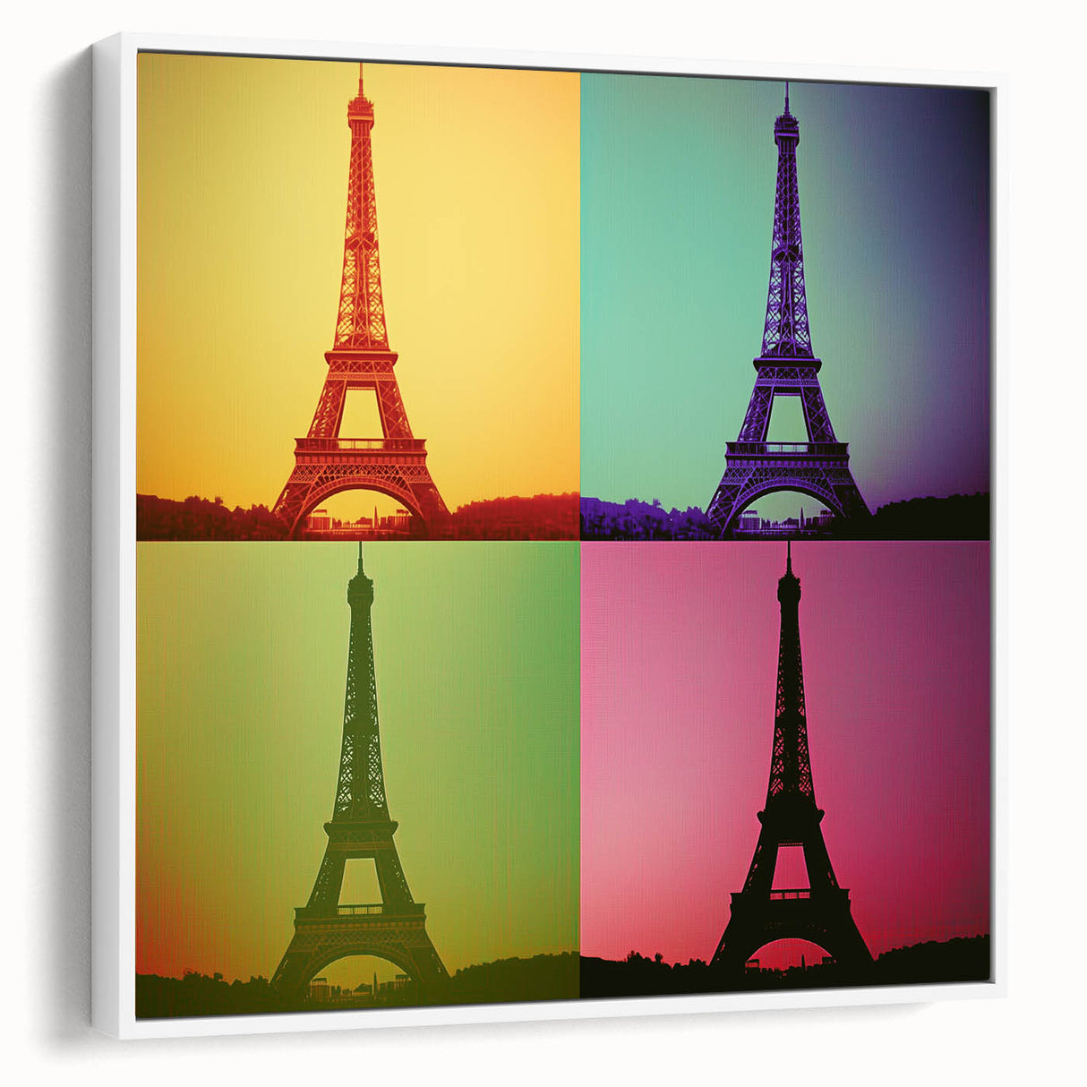 Extra large framed canvas of vintage poster art depicting colorful, abstract architecture, ideal for living room decor.