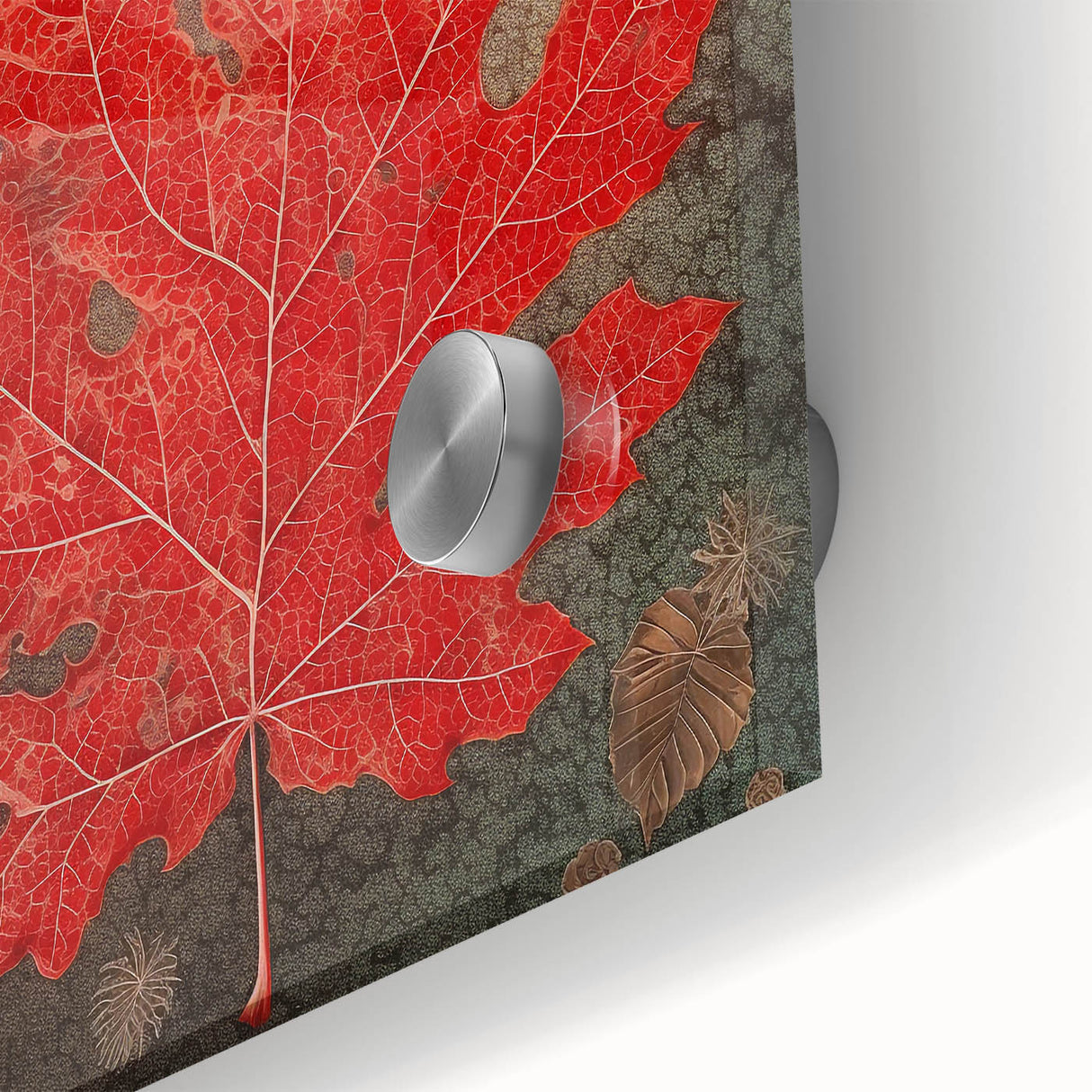 Close-up of vibrant acrylic glass wall art featuring intricate floral designs with lush green leaves, ideal for brightening up living spaces.