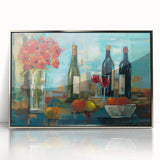 Large art print of colorful fruits in mid-century modernist style on silver-framed acrylic, ideal for nursery wall art.