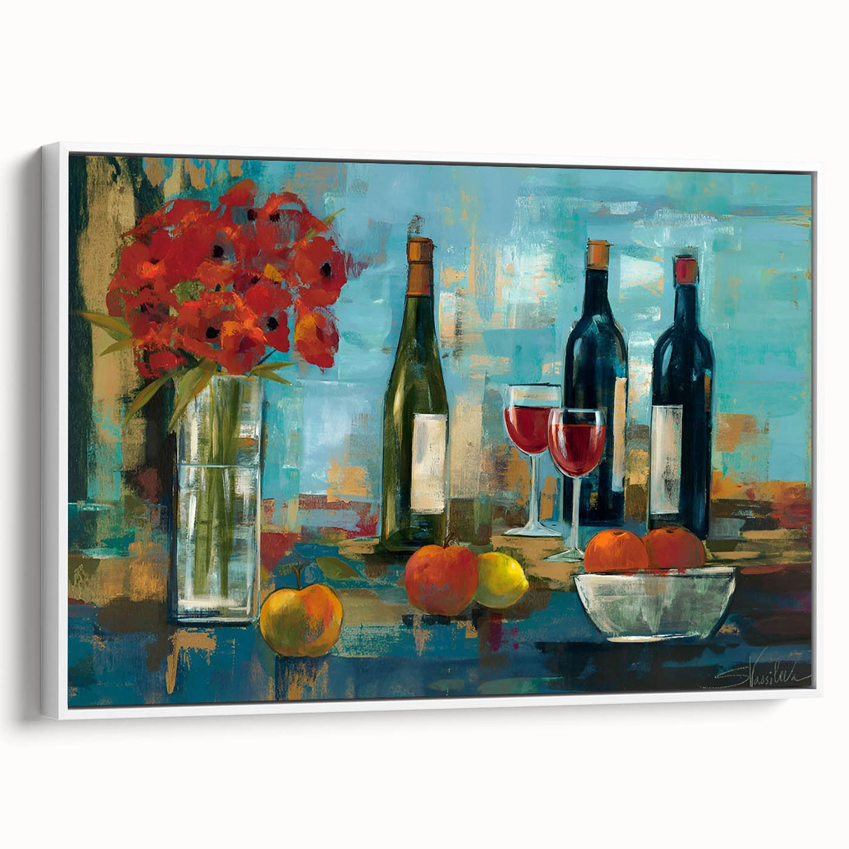 Vintage poster art of colorful cocktails on a black background, framed canvas, ideal for living room decor.