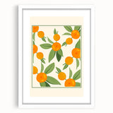Abstract art print of assorted fruits in vibrant colors, framed with a white mat, suitable for dining room decor.