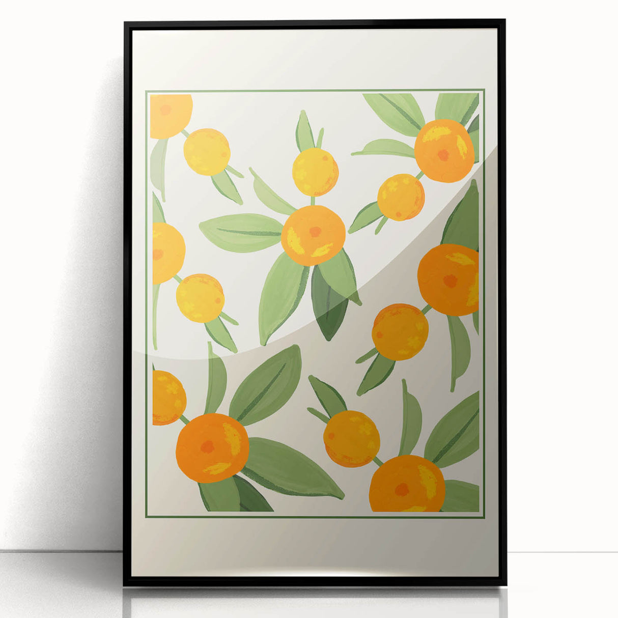 Large abstract wall art featuring assorted fruits in bold colors on a black acrylic framed print, ideal for kitchen decor.