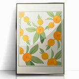 Mid-century modernist art featuring assorted fruits in vibrant colors on a silver-framed acrylic print.