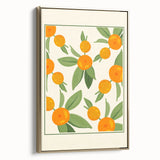 Framed canvas wall art featuring a vintage poster of assorted fruits in a gold frame, ideal for bedroom decor.