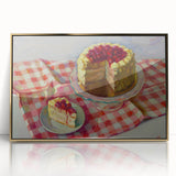 Mid-century modernist large art print of assorted pastries in muted gold and brown tones, framed acrylic.