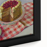 Close-up of a framed canvas featuring colorful pastries on a black background, ideal for a living room.