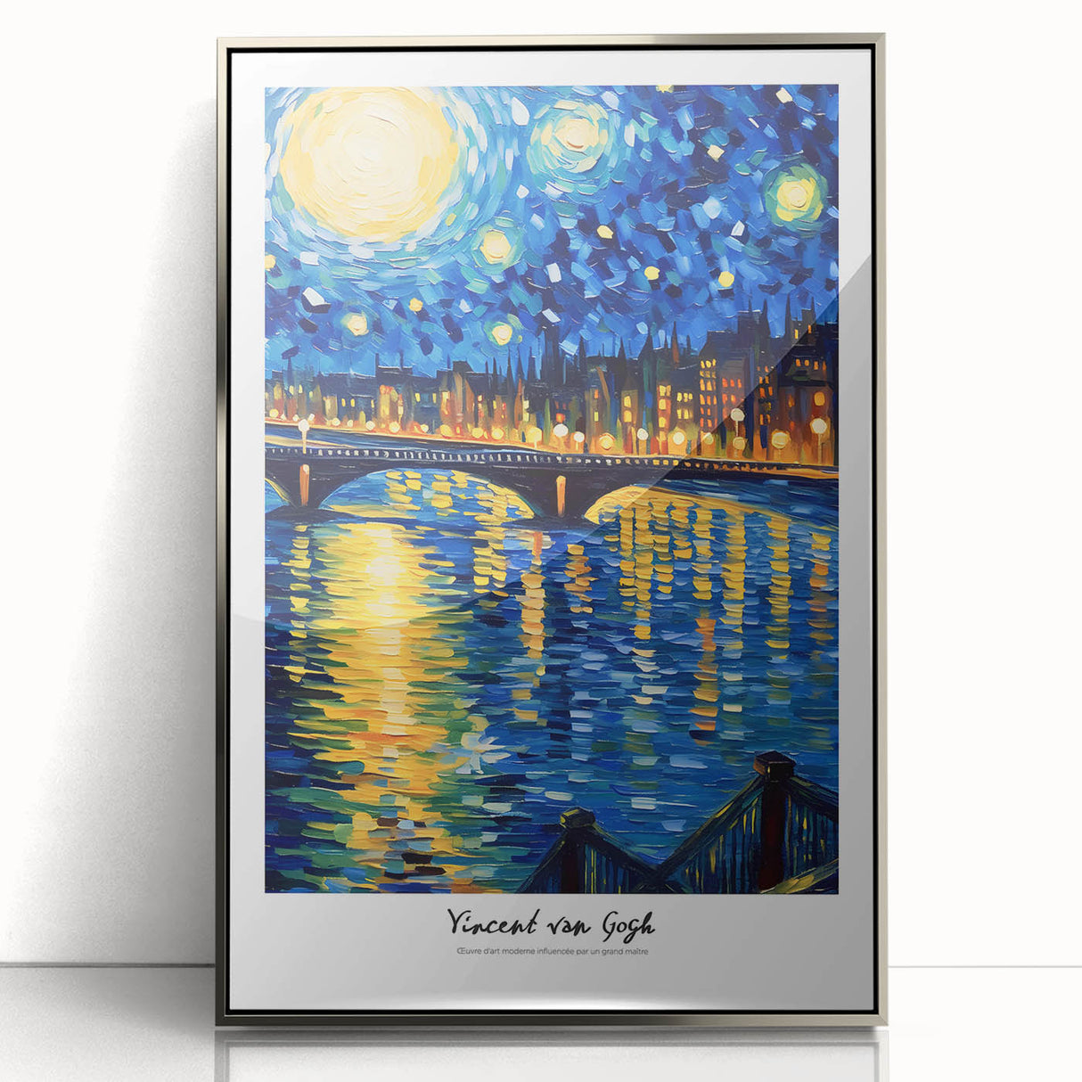 Mid-century modernist art depicting a Van Gogh impressionist scene in vibrant colors on a framed acrylic.
