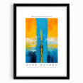 Extra large abstract art print with vibrant red and blue tones on textured canvas, housed in a black frame.