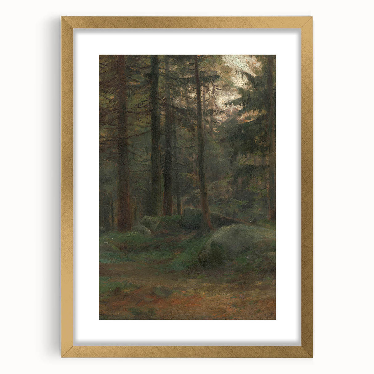Serene Realism Art Print – Coniferous Woods with Rocks