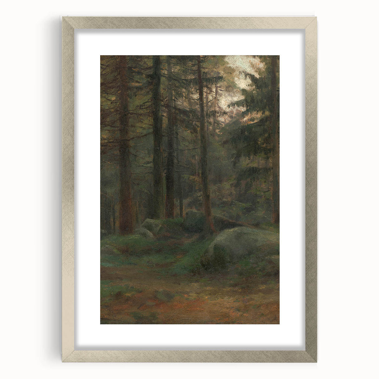Serene Realism Art Print – Coniferous Woods with Rocks