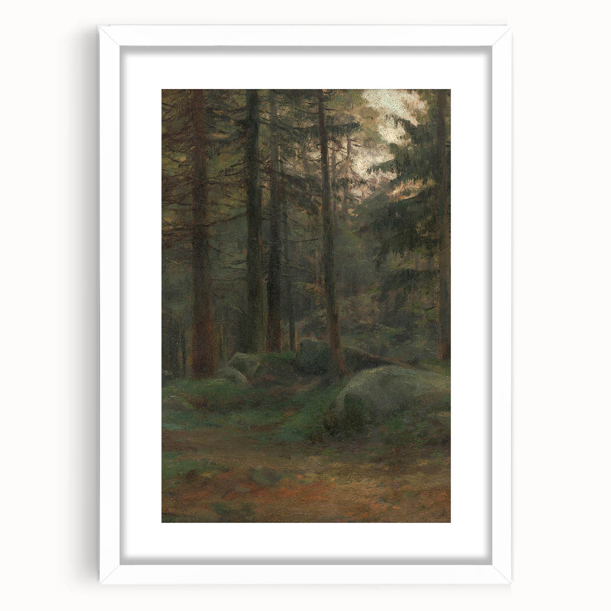 Serene Realism Art Print – Coniferous Woods with Rocks