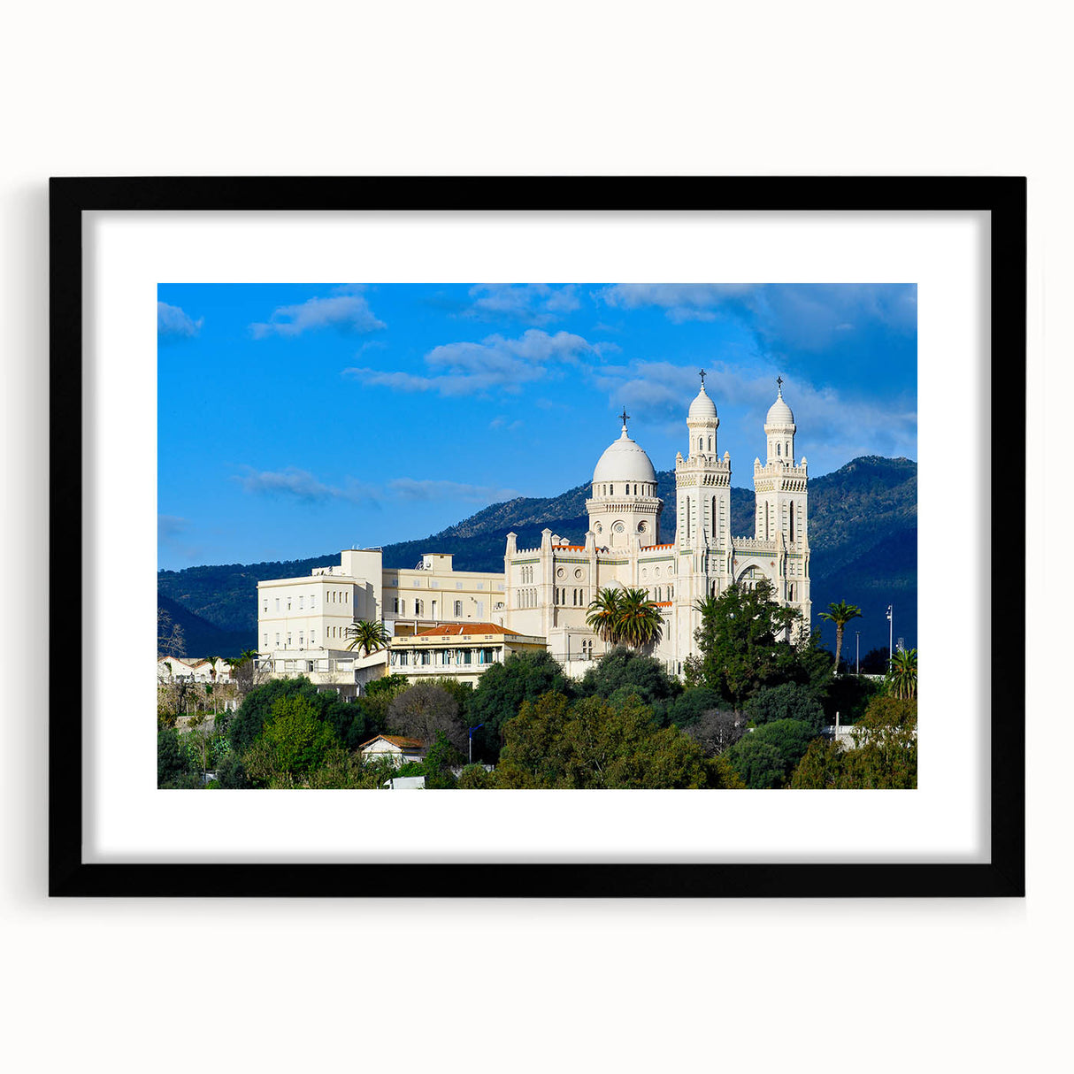 Extra large abstract art print featuring a colorful, textured depiction of an Algerian landscape on a framed canvas.