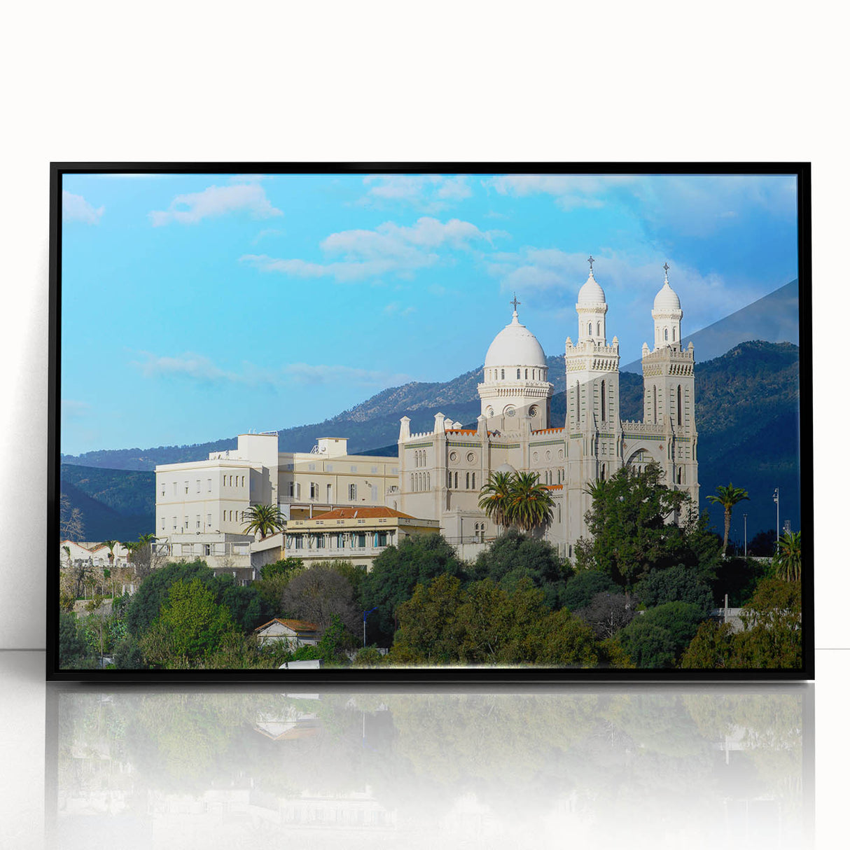 Large abstract wall art featuring a stylized Algerian landscape in muted earth tones on a framed acrylic.