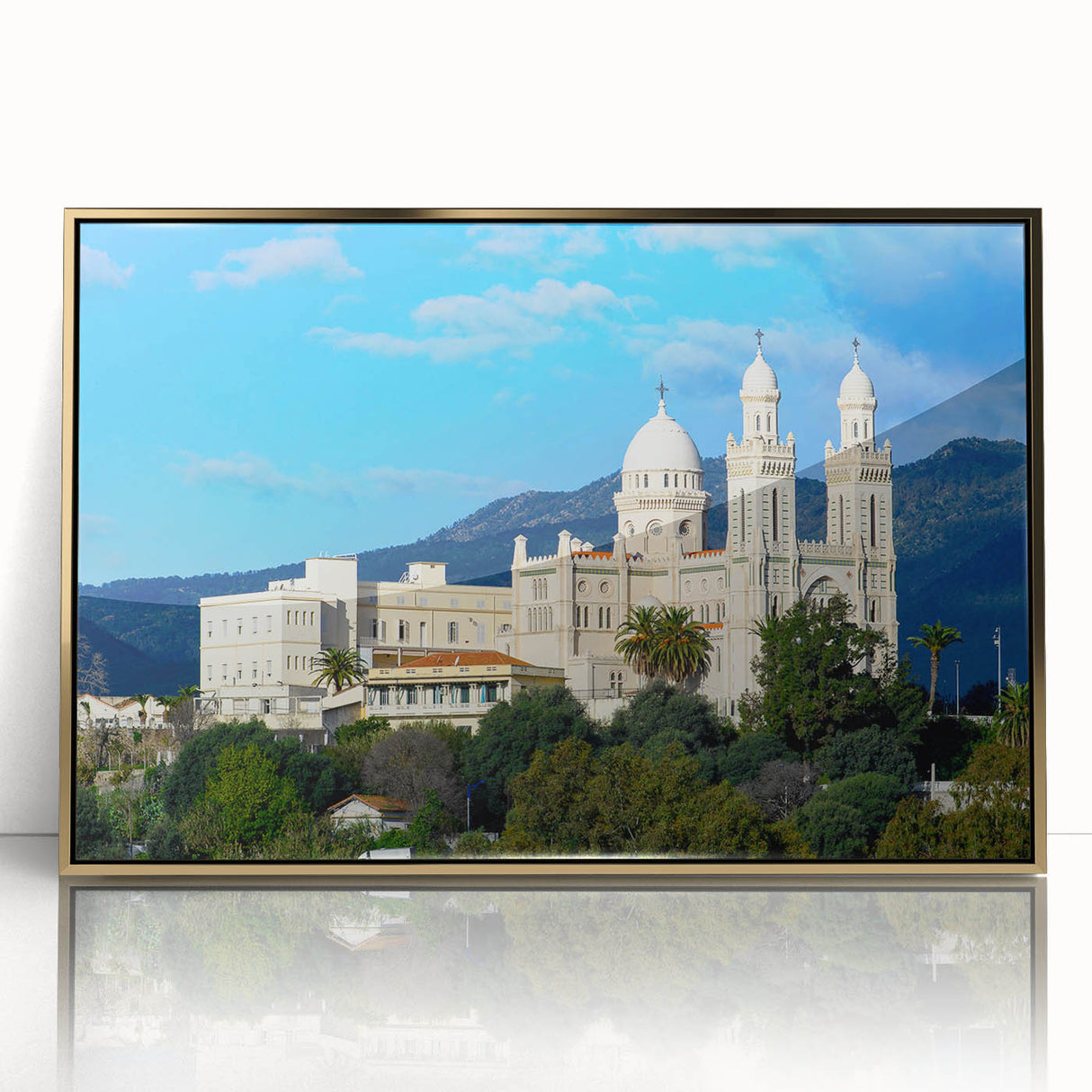 Mid-century modernist art depicting an Algerian landscape in gold and brown tones on framed acrylic.