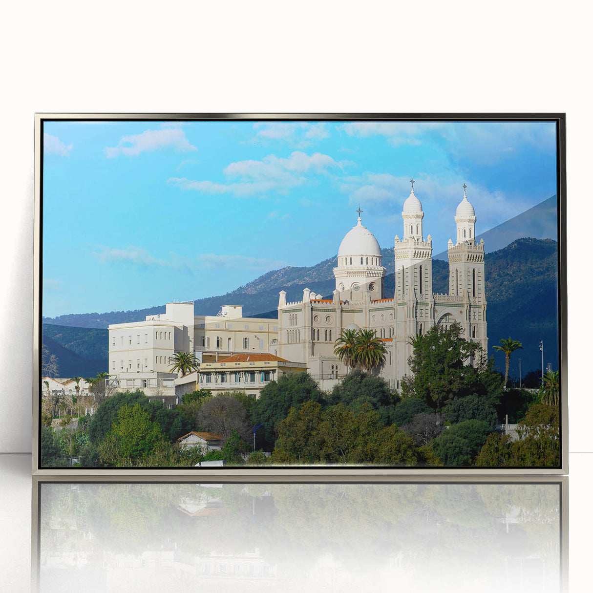 Art Deco poster depicting Algerian scenery in silver framed acrylic, ideal for modern nursery decor.