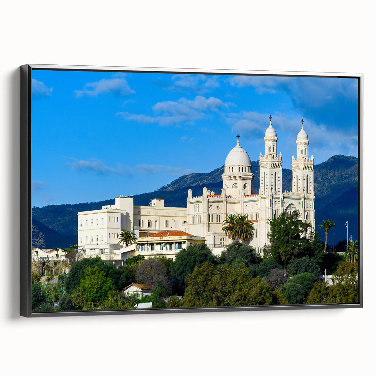 Black and white landscape art painting of Algerian scenery on framed canvas, ideal for bedroom wall decor.
