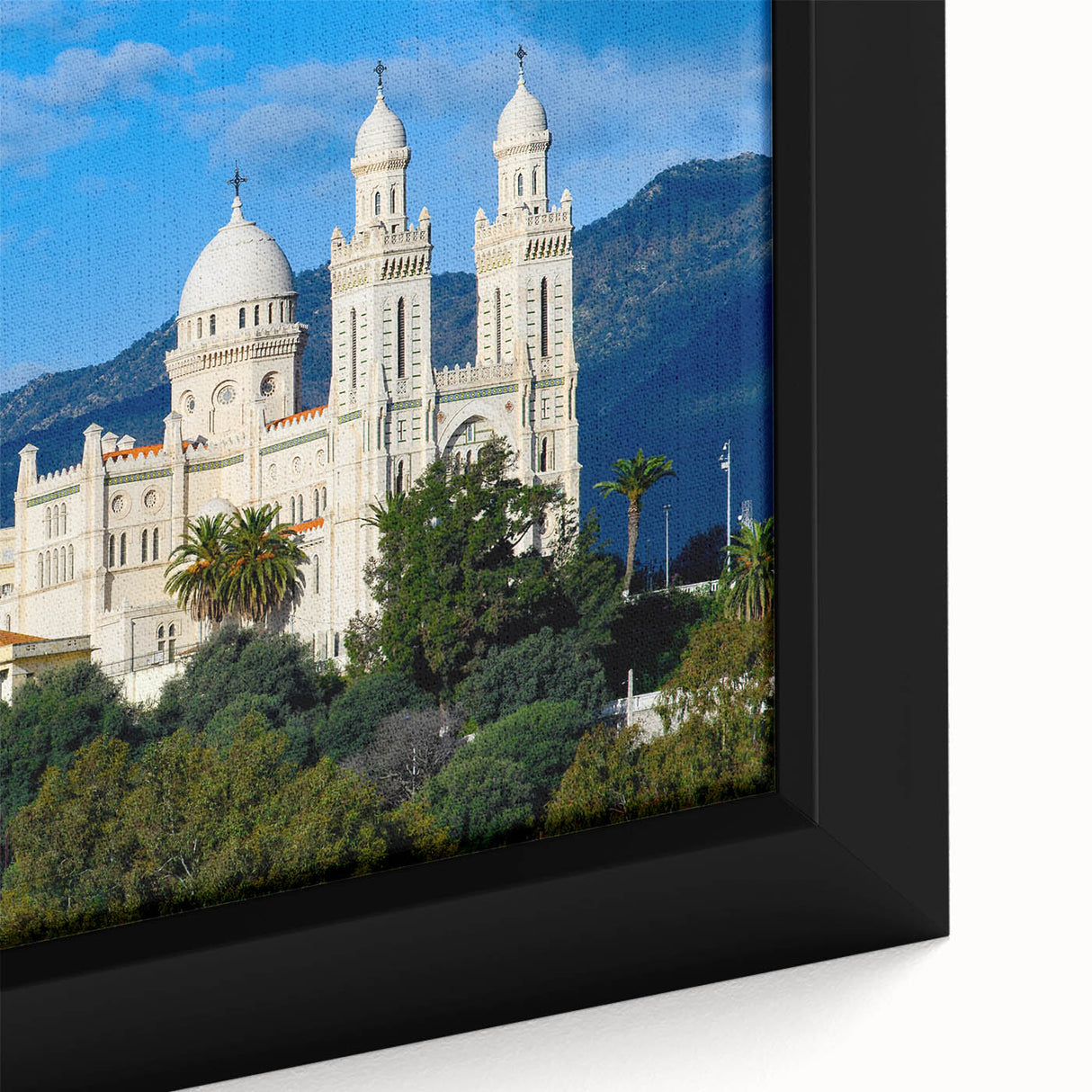 Extra large framed canvas featuring a textured, colorful abstract design with black elements, ideal for living room decor.