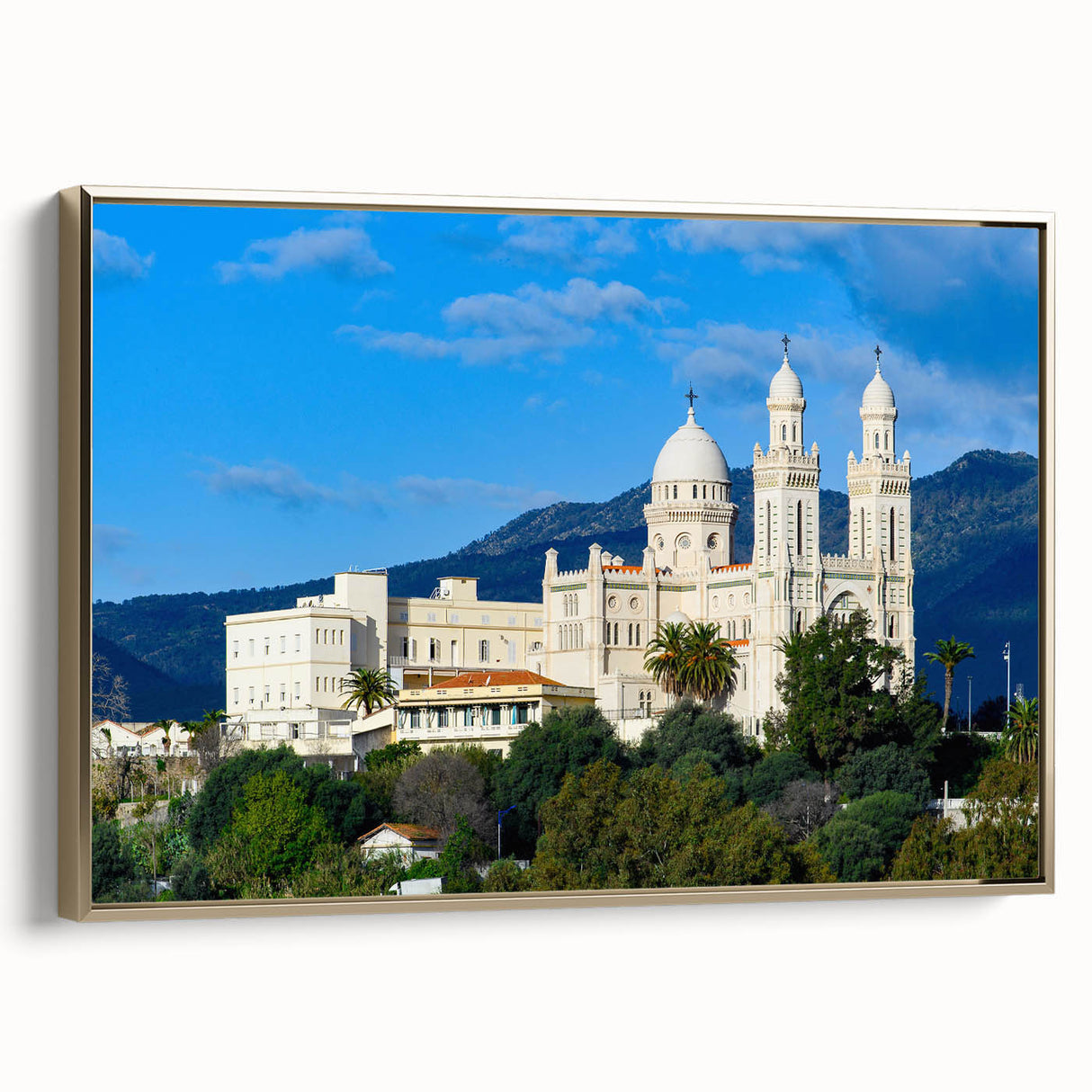 Framed canvas landscape art painting depicting a colorful Algerian scenery in vintage poster style.