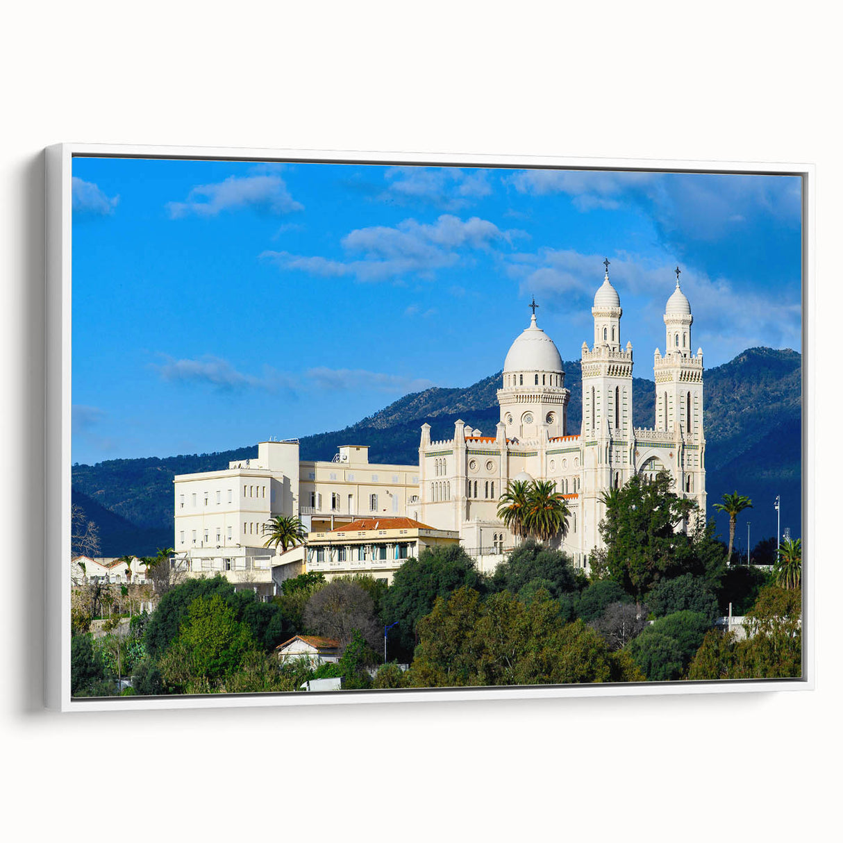 Framed canvas depicting a vintage-style Algerian landscape in muted earth tones, ideal for bedroom wall art.