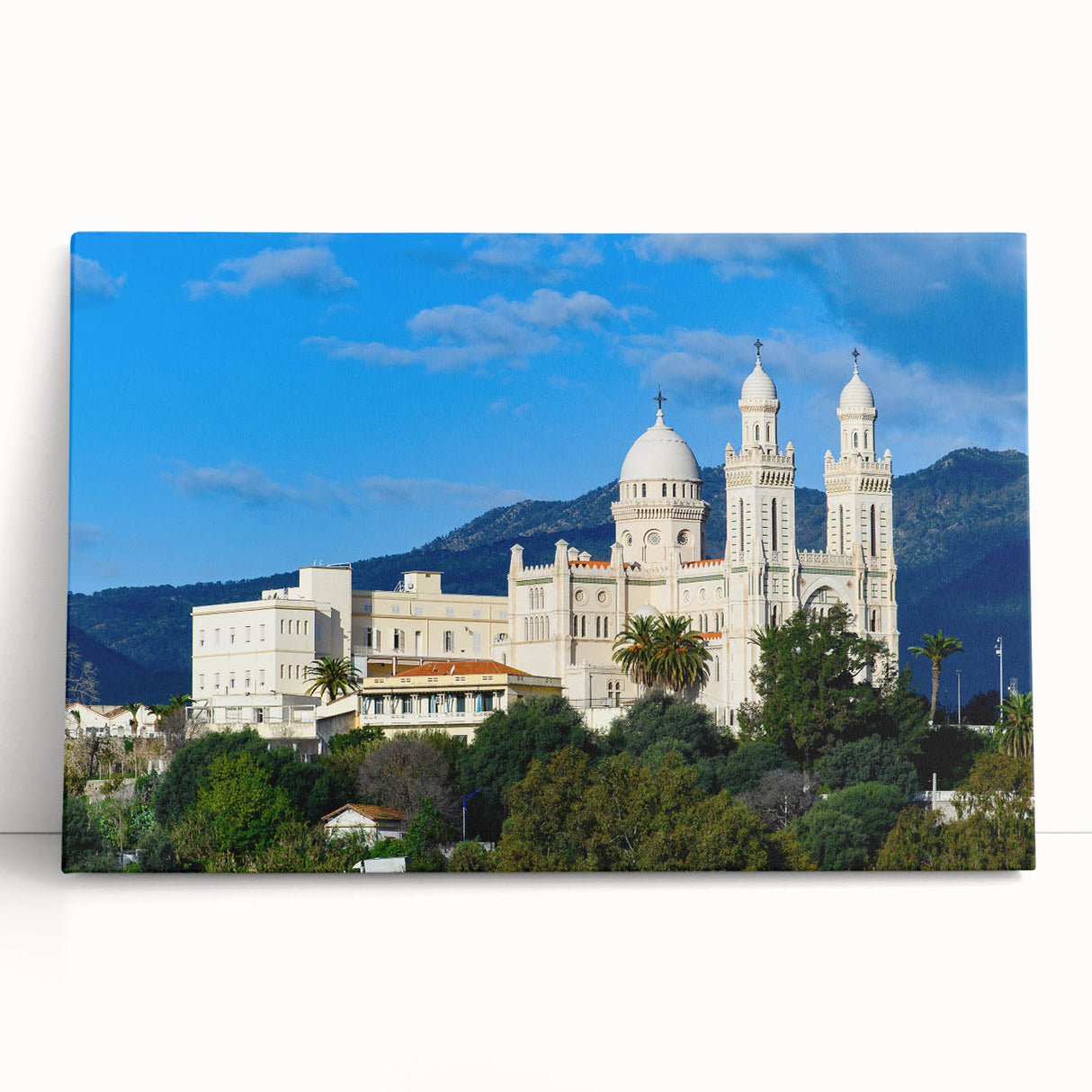 Black and white photograph of Algerian landscape on stretched canvas, ideal for kitchen wall art.