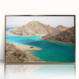 Mid-century modernist art depicting an abstract Egyptian landscape in gold tones on a framed acrylic print.