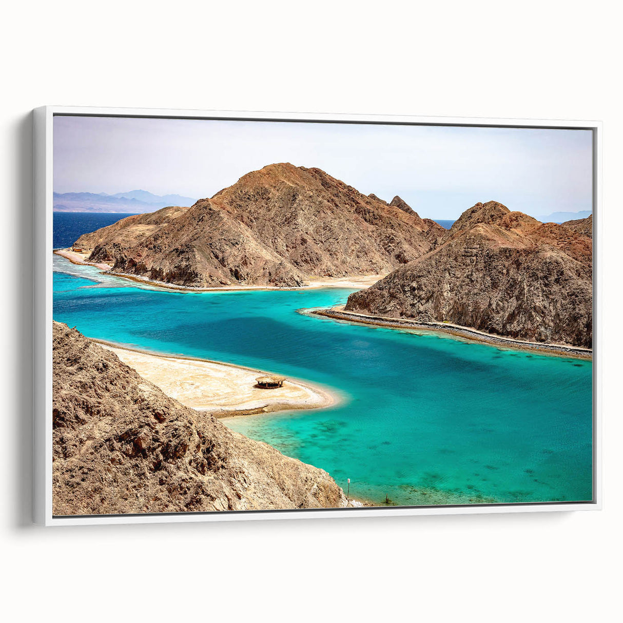 Framed canvas featuring a vintage-style landscape of the Egyptian scenery, in muted earth tones, ideal for bedroom wall art.