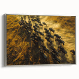 Vintage poster art of a Kenyan landscape on framed canvas, featuring vivid colors and black accents.