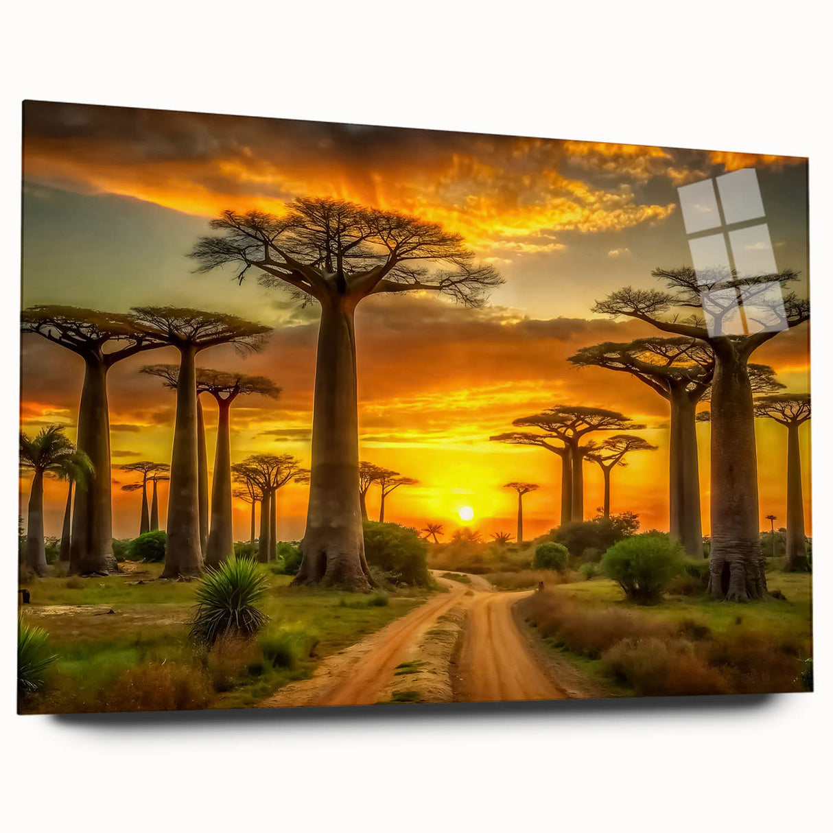 Large abstract depiction of Madagascar scenery in muted earth tones on acrylic glass.