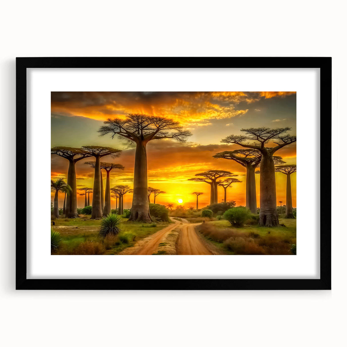 Extra large abstract art print of colorful Madagascar scenery on textured canvas, framed in black.