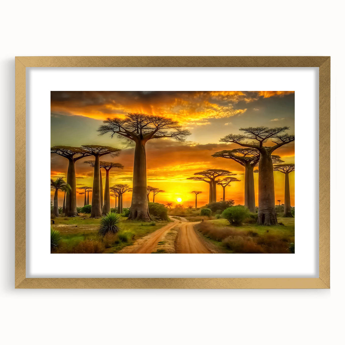 Textured abstract art print depicting a Madagascar landscape in muted earth tones, framed with a gold mat.