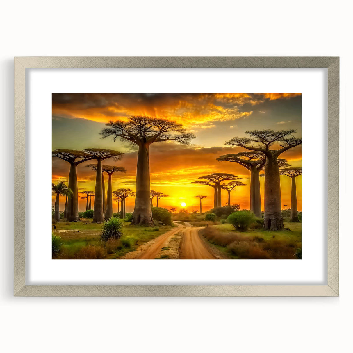 Abstract art print of Madagascar scenery in muted earth tones on a silver-framed mat, ideal for dining room decor.