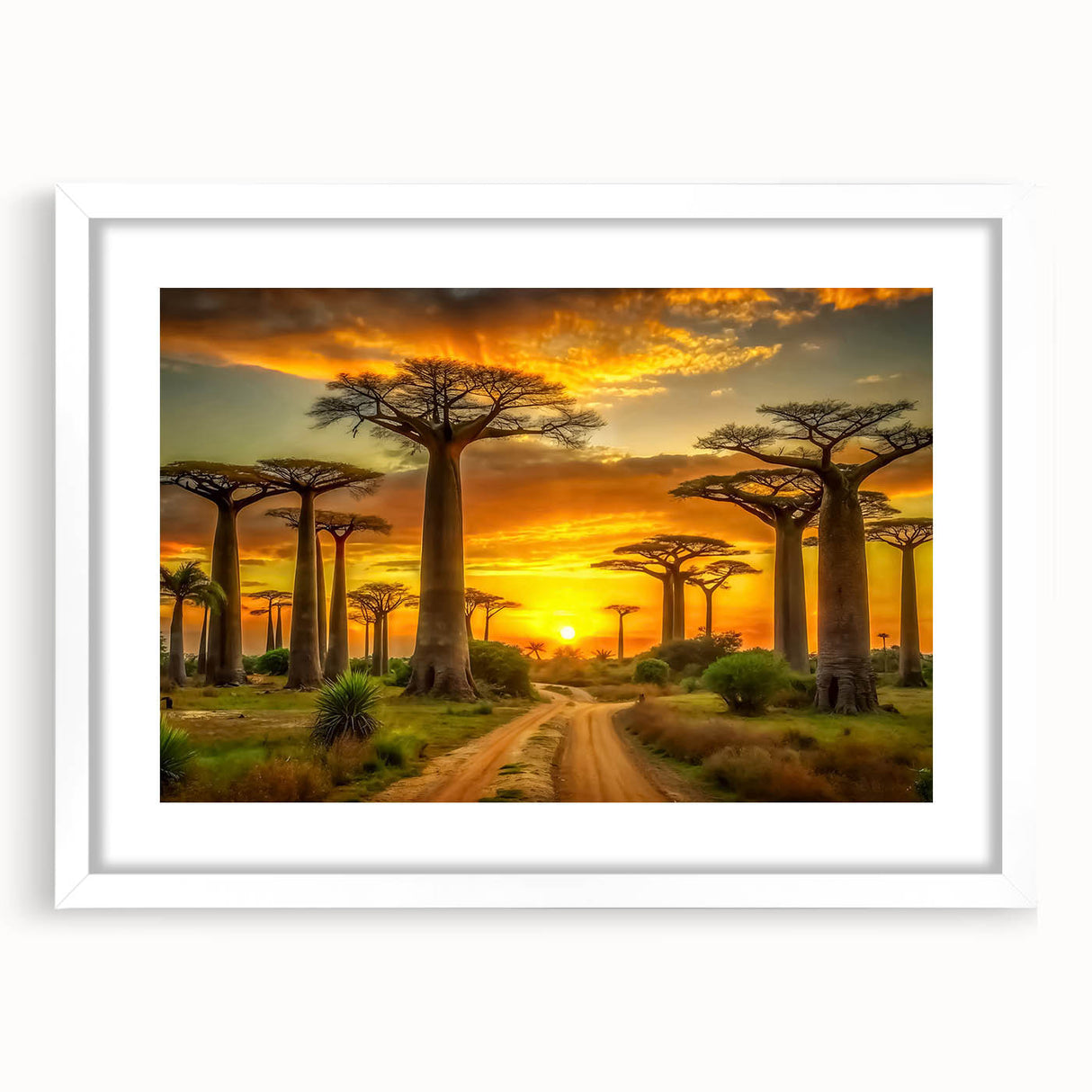 Extra large abstract art print of Madagascar scenery in textured style, with muted earth tones, framed with a white mat.