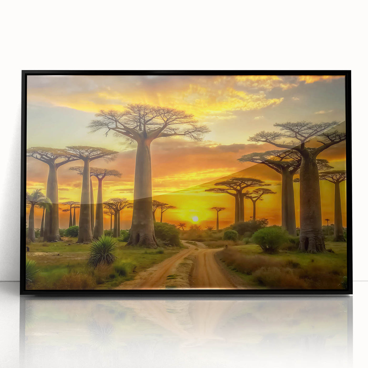 Large abstract wall art depicting a Madagascar scenery in muted earth tones, framed acrylic, ideal for modern office decor.