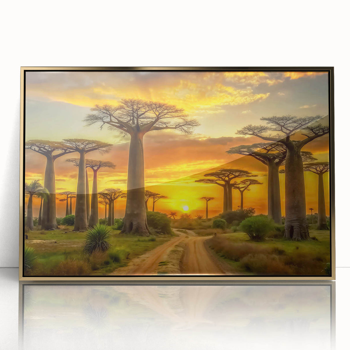 Mid-century modernist art depicting a Madagascar landscape in warm gold tones on a framed acrylic.