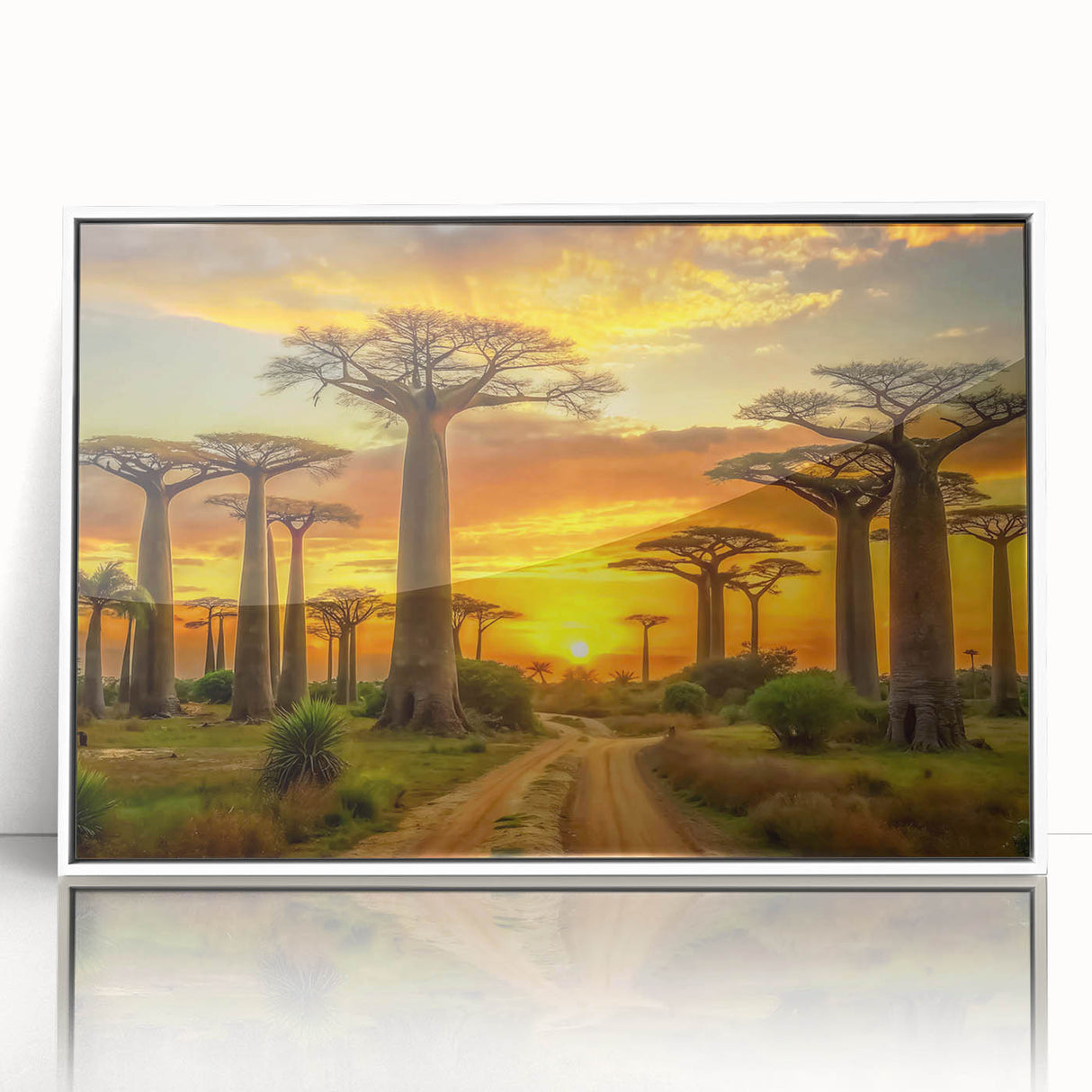 Large art print of a Madagascar landscape in mid-century modernist style, with vibrant greens and blues on framed acrylic.